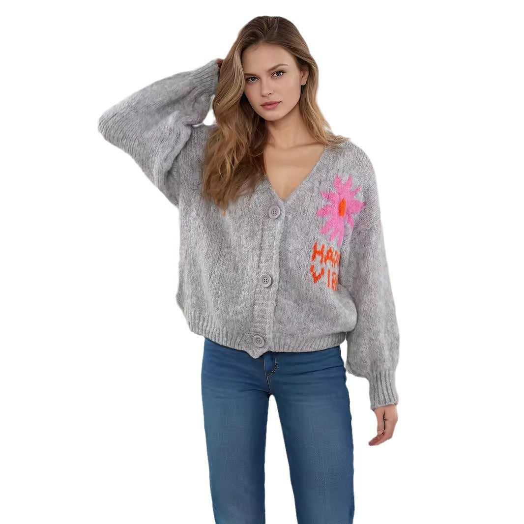 Damen Strickjacke Bunt Blumenmuster Große Knöpfe