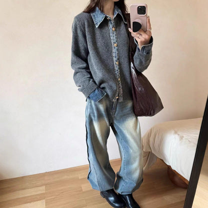 Damen Overshirt Denim Kragen Knöpfe