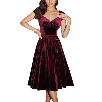 Damen Samt-Kleid Midi V-Ausschnitt Elegantes Taillieren Dunkelblau