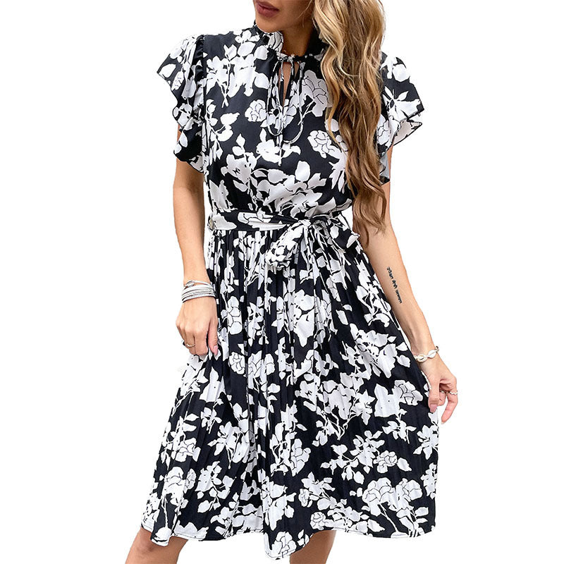 Damen Blumenkleid Rüschendetails Bindegürtel Norvielle