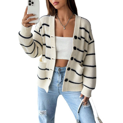 Damen Strickjacke Streifenmuster Baumwolle Beige