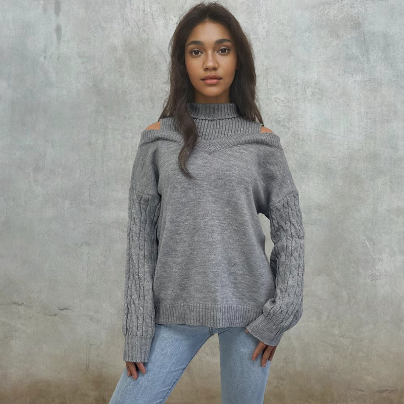 Damen Pullover Schulterfrei Zopfmuster Norvielle