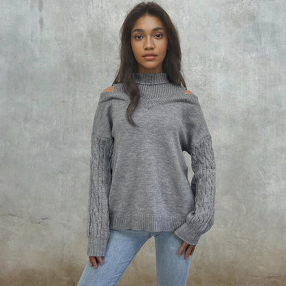 Damen Pullover Schulterfrei Zopfmuster Norvielle