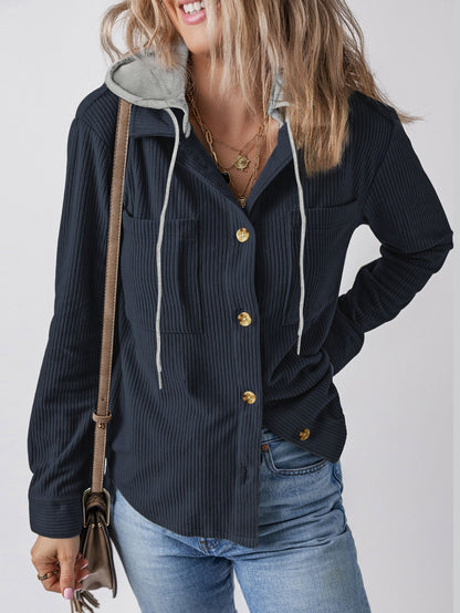 Damen Hemdjacke Gestreift Kapuze Taschen Norvielle