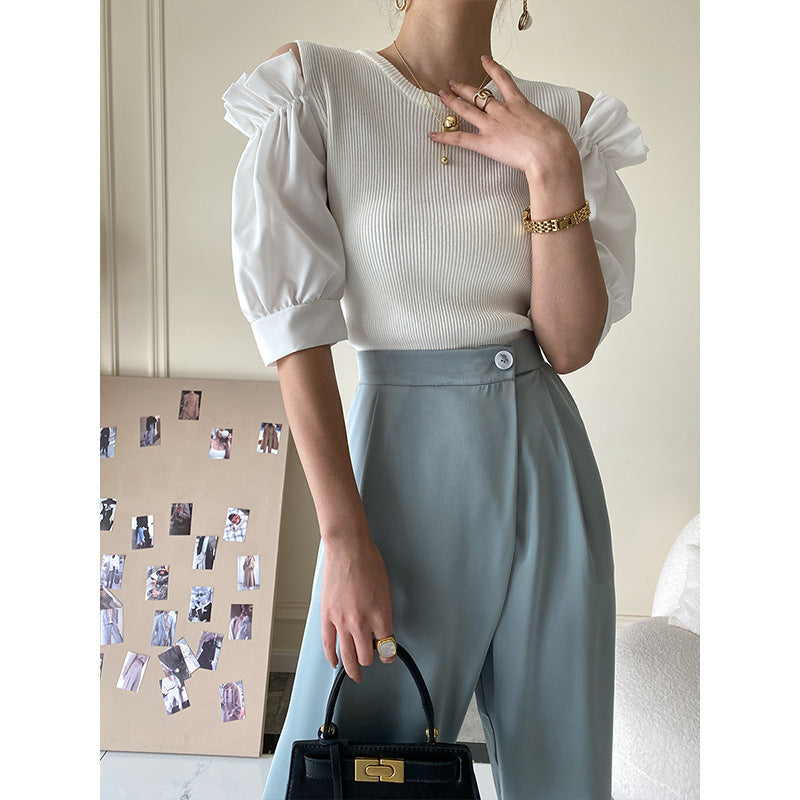 Damen Bluse mit Puffärmeln und V-Ausschnitt