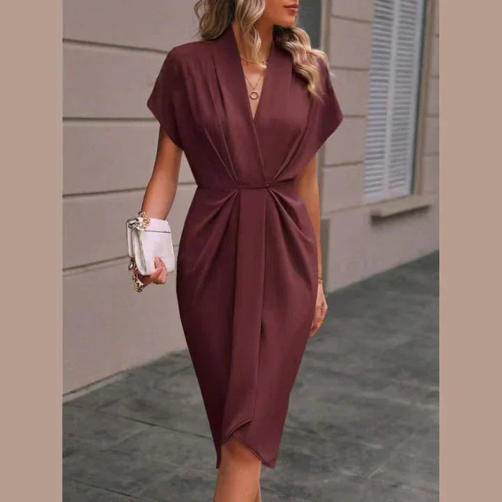 Quirine Damen Midikleid V-Ausschnitt Kurzärmel Sommerlich Elegant