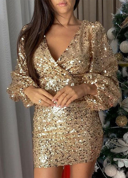 Damen Partykleid Glitzernd V-Ausschnitt Voluminöse Ärmel Norvielle