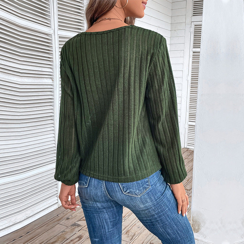 Damen Langarmshirt V-Ausschnitt Dekorative Knöpfe Norvielle