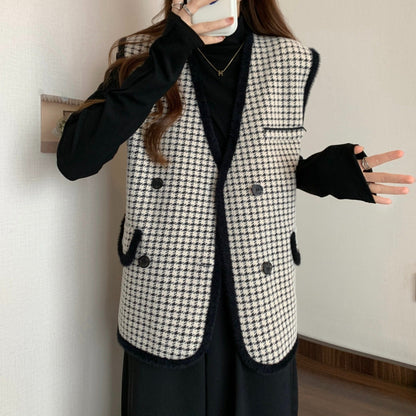 Damen Strickweste Karomuster Mit Taschen Norvielle