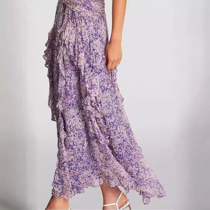Damen Maxikleid Wickelkleid Blumenmuster Rüschen Detail