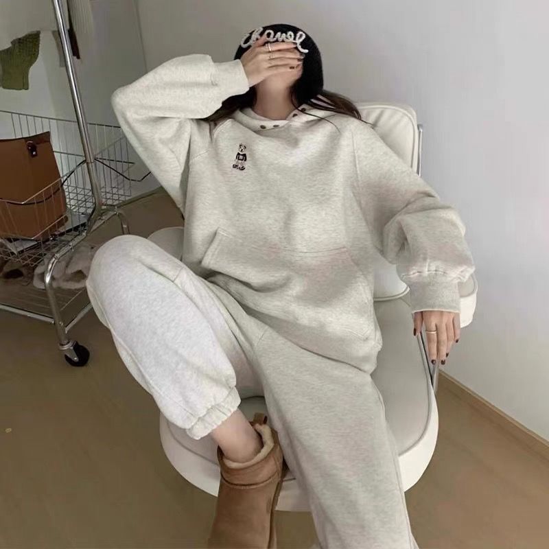 Damen Kapuzenpullover-Set Weites Design Dekorative Knöpfe Beige