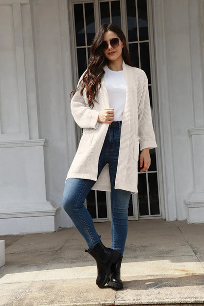 Damen Strickcardigan Offene Taschen Weiter Schnitt Beige