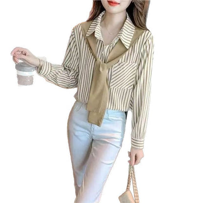 Damen Bluse Gestreift Lässiger Kragen Weiß