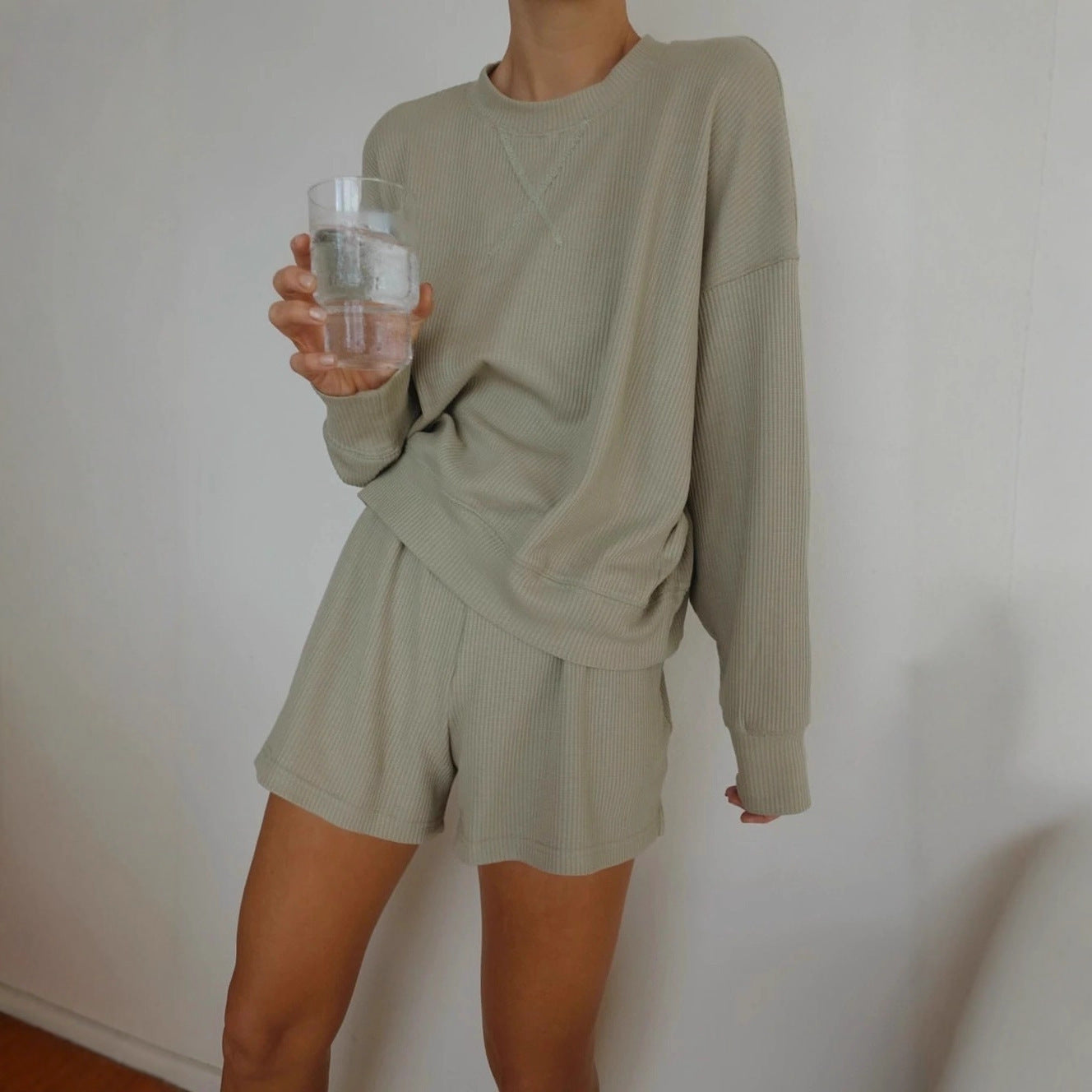 Damen Sweatshirt und Shorts Set Oversized Baumwolle Grau - Norvielle