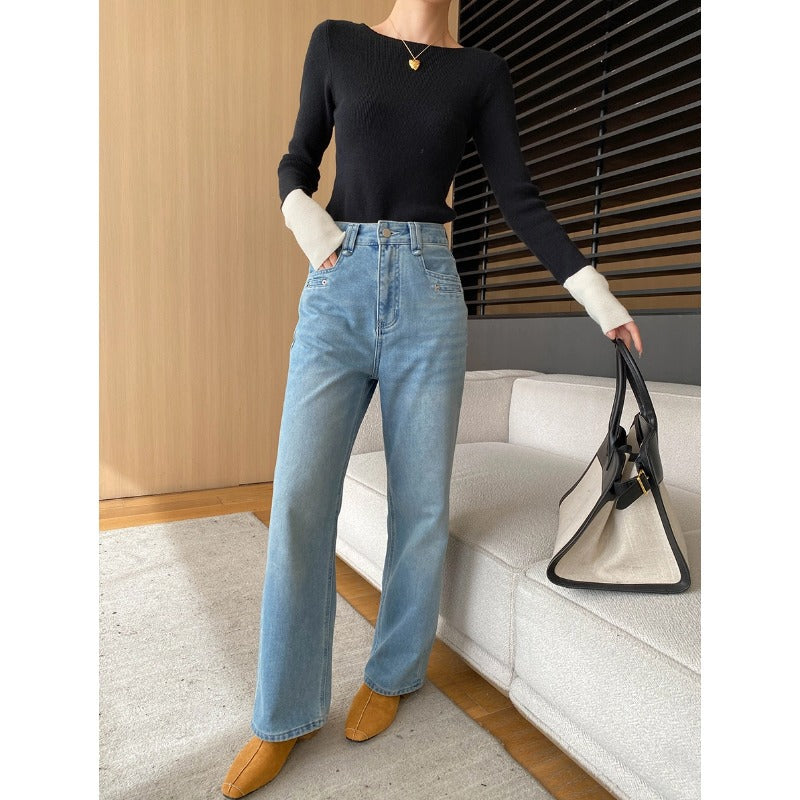 Damen Highwaist Jeans Weites Bein Lässiger Schnitt