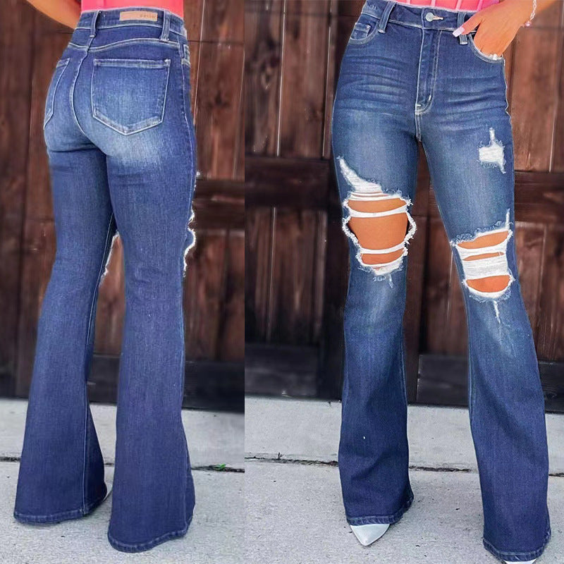 Damen Destroyed Jeans Flared Style Hohe Taschen Ausgefranster Saum