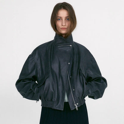 Damen Lederjacke Oversized Praktische Taschen Norvielle