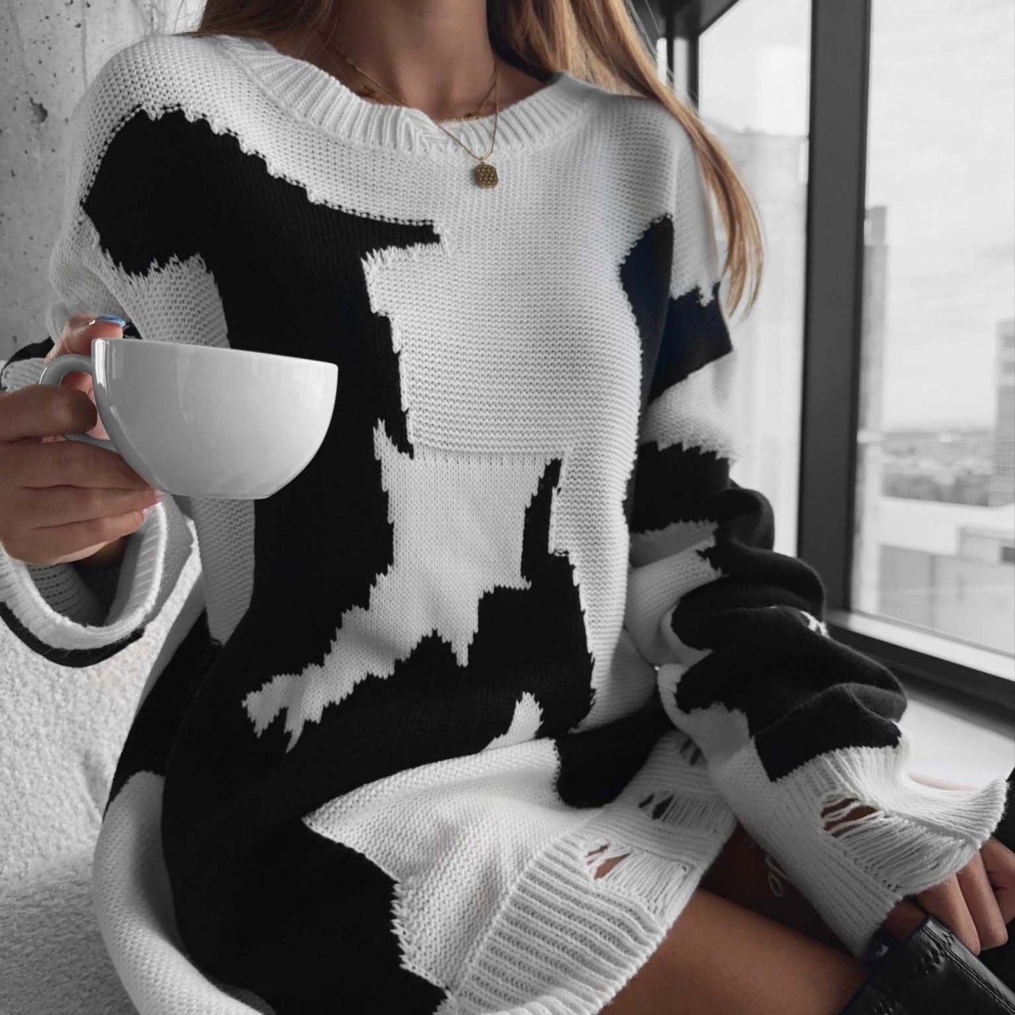 Damen Oversized Pullover Grobgestrickt mit Grafikdesign Norvielle
