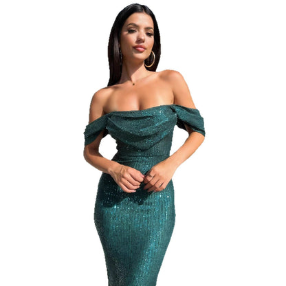 Damen Abendkleid Schulterfrei Glitzernd Norvielle