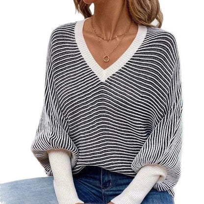 Damen Strickpullover Streifenlook V-Ausschnitt