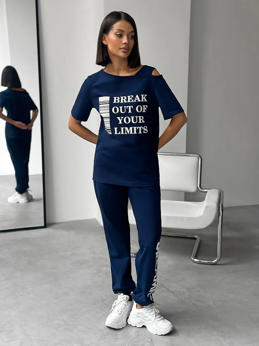 Damen Lounge-Anzug Sportlich Cut-Out-Ärmel Statement-Druck