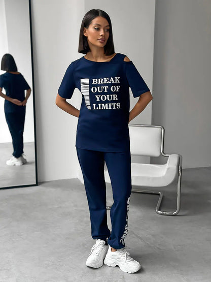 Damen Lounge-Anzug Sportlich Cut-Out-Ärmel Statement-Druck