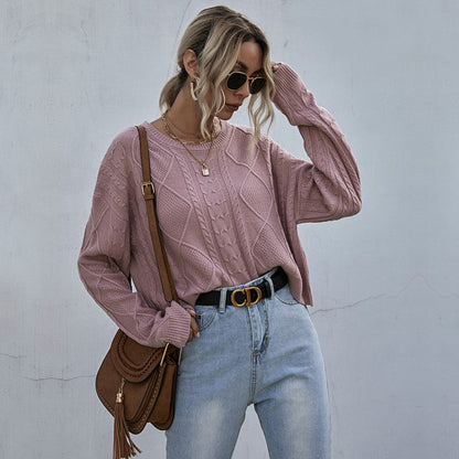 Damen Pullover Strukturiertes Zopfmuster Weich Grau