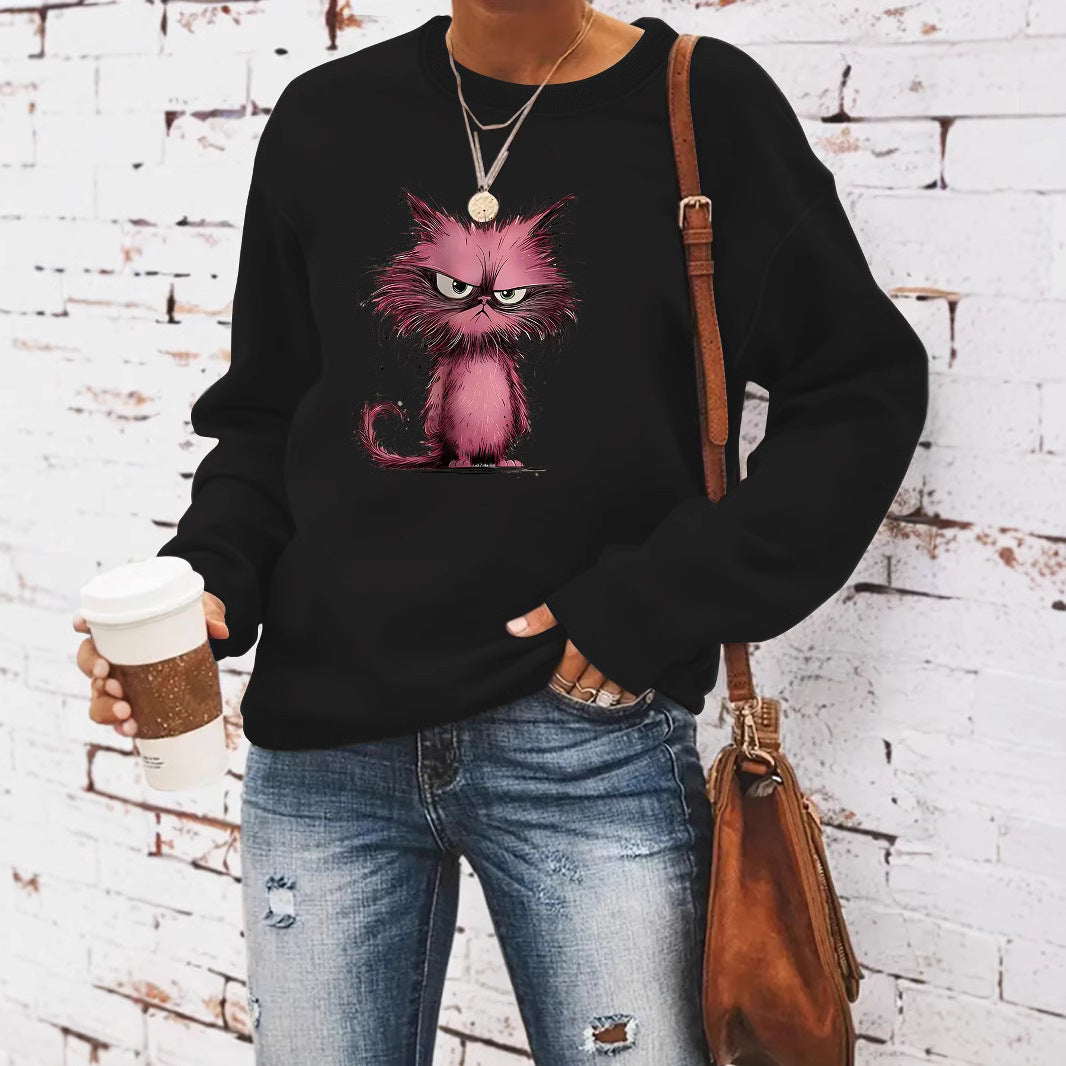 Damen Sweatshirt Katzenmotiv Baumwolle Weiß