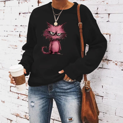 Damen Sweatshirt Katzenmotiv Baumwolle Weiß