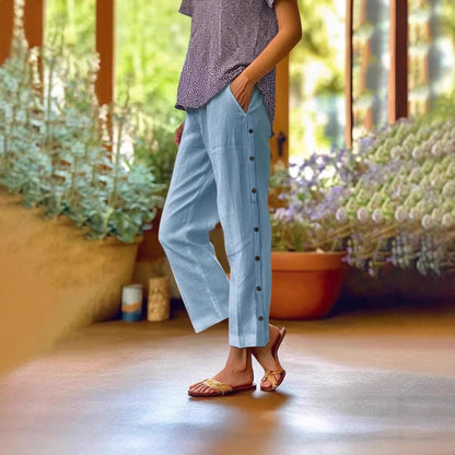 Damen Leinenhose Bequem Mit Knöpfen
