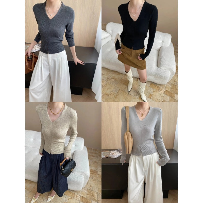 Damen Strickpullover V-Ausschnitt Norvielle Feinripp mit Knöpfen