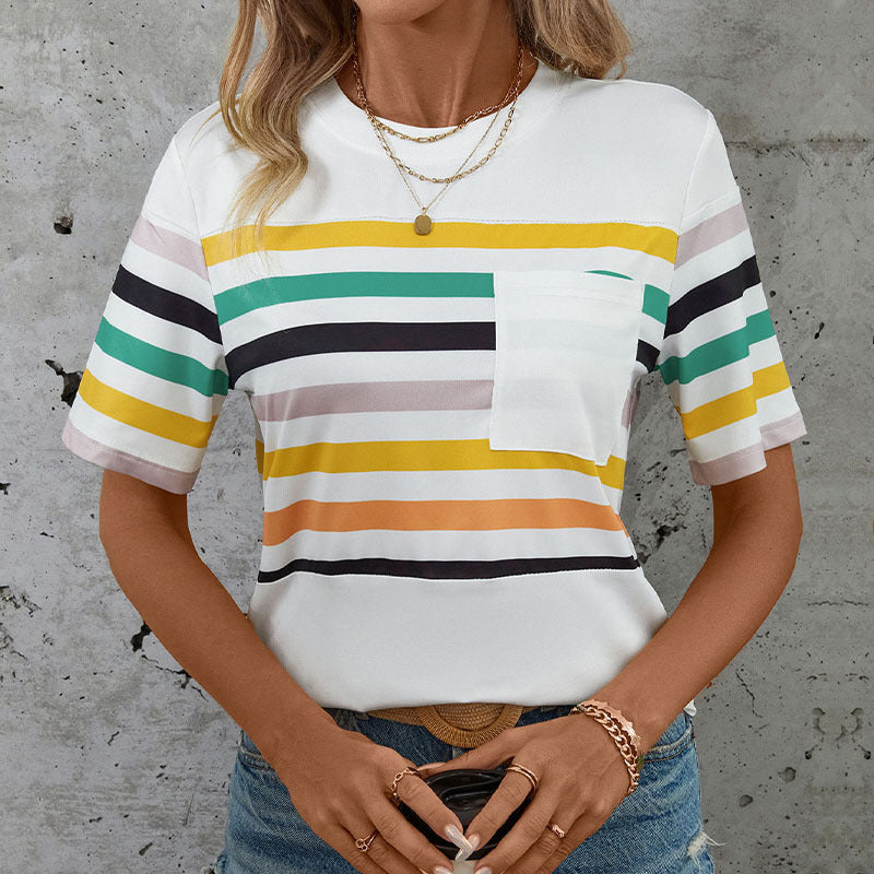 Damen T-Shirt Kurzarm mit Streifenmuster und Brusttasche Bunt
