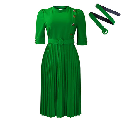 Damen Plissee-Kleid Tailliert Knopfdetails