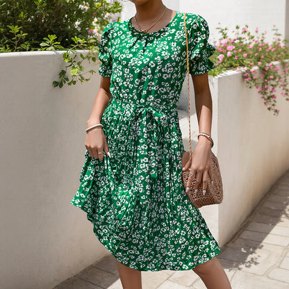 Damen Midi-Kleid mit Blumenmuster und modischem Gürtel