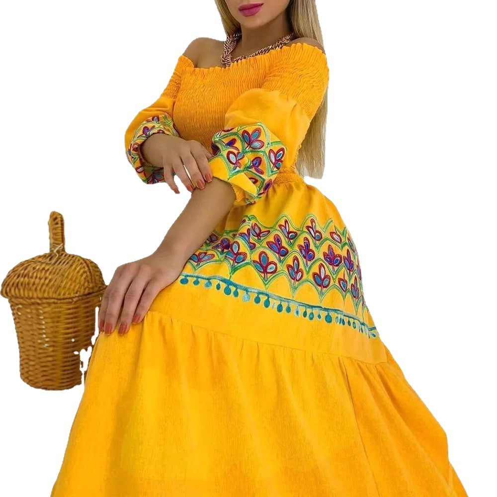 Damen Maxikleid Schulterfrei Stickerei Norvielle