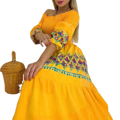 Damen Maxikleid Schulterfrei Stickerei Norvielle