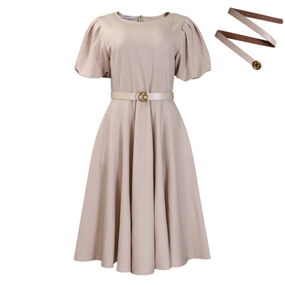 Damen Midi-Kleid Puffärmel Taillengürtel