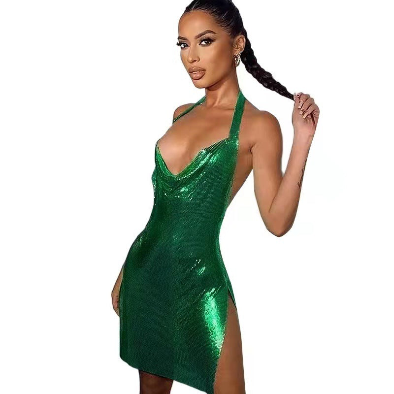 Damen Minikleid Mit Tiefem Schlitz Glänzend