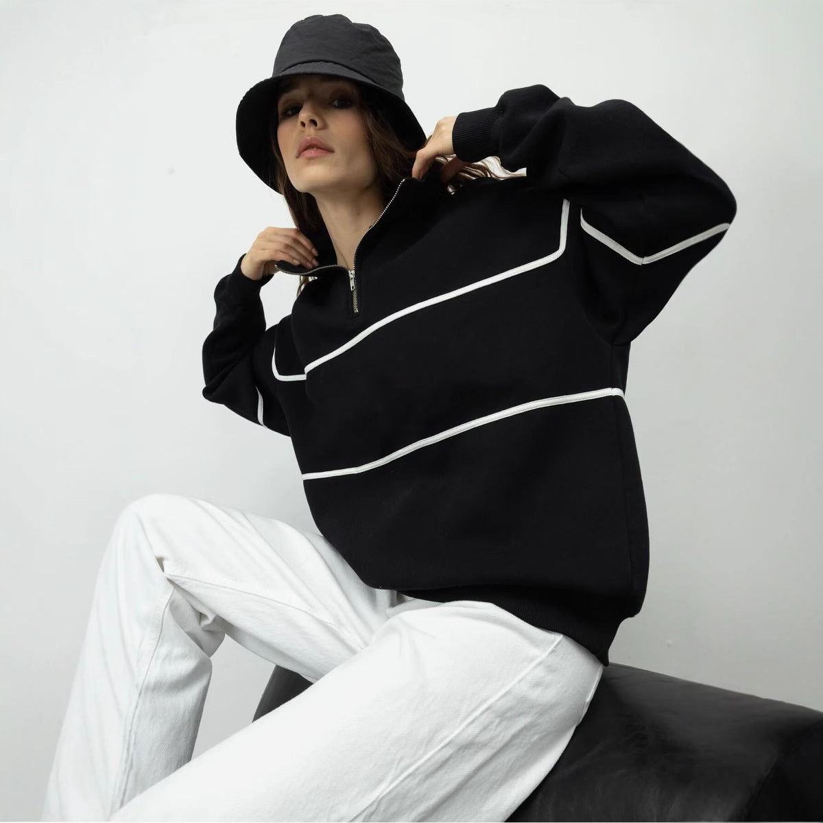 Damen Oversized Kapuzenpullover Streifenmuster Reißverschluss - Norvielle