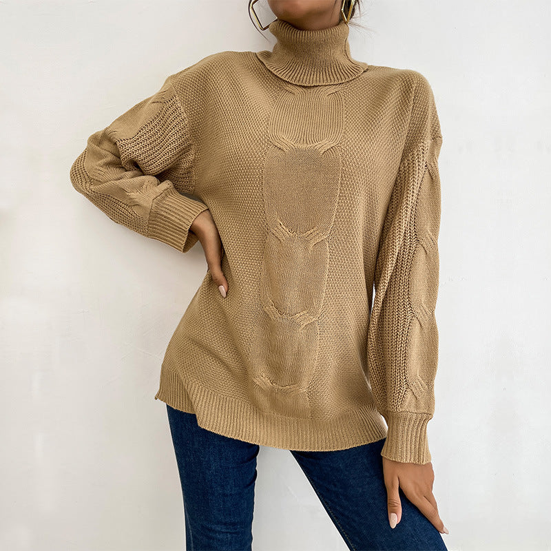 Damen Pullover Grobstrick Hochkragen Beige