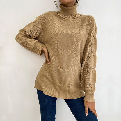 Damen Pullover Grobstrick Hochkragen Beige