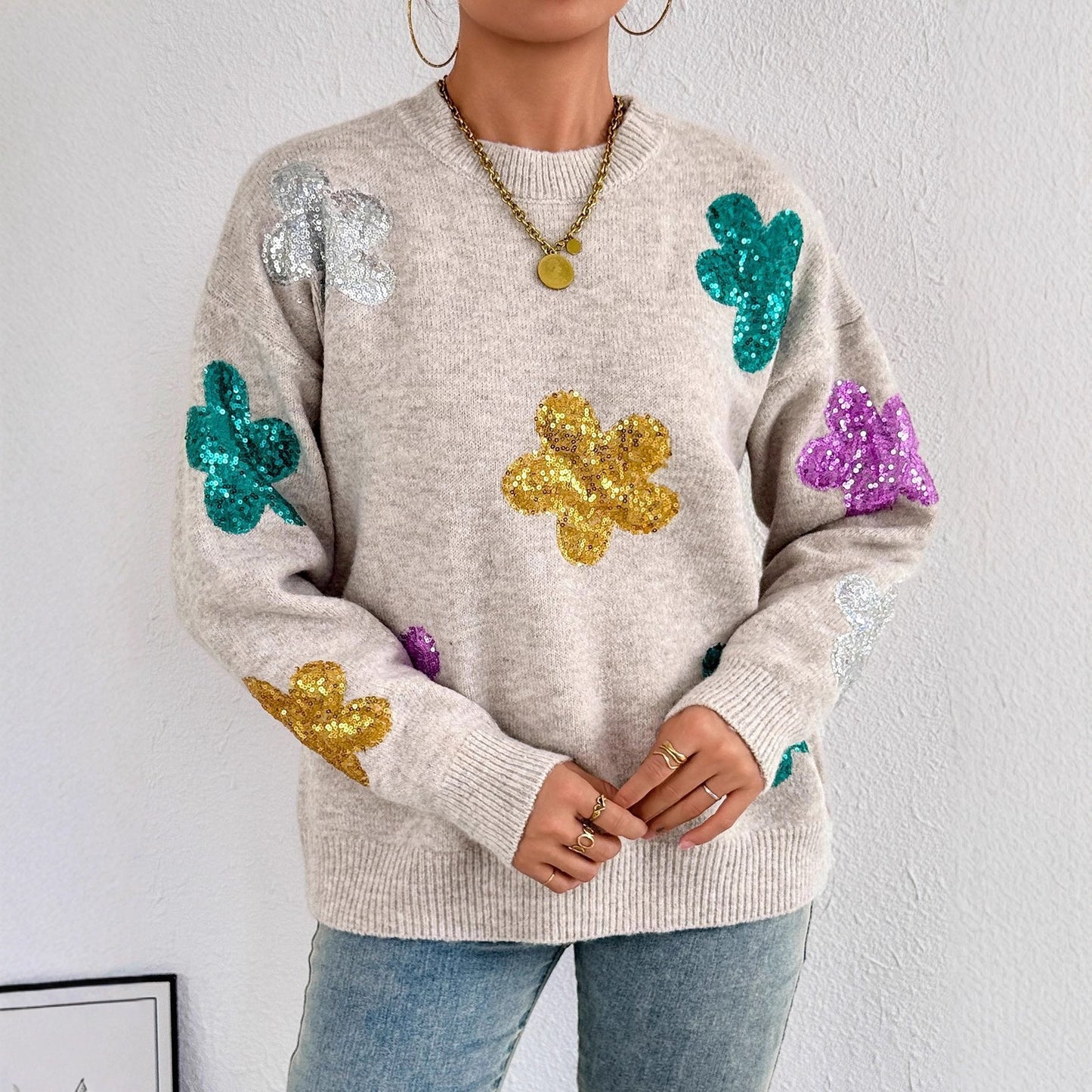 Damen Oversized Pullover Glitzer Floralmuster Norvielle