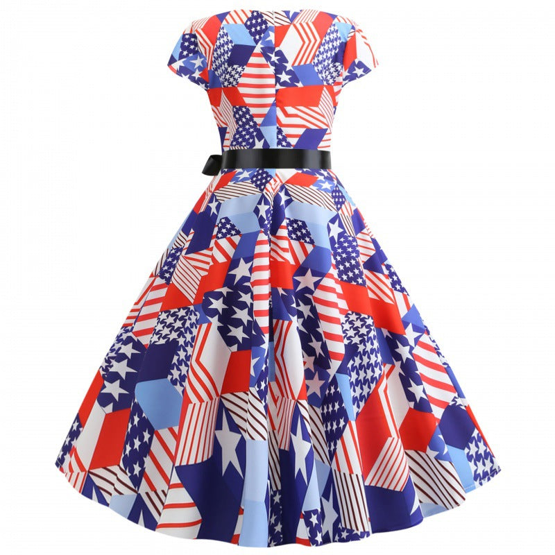 Damen Midikleid Flaggenmuster Elegante Taillenbindung Bunt