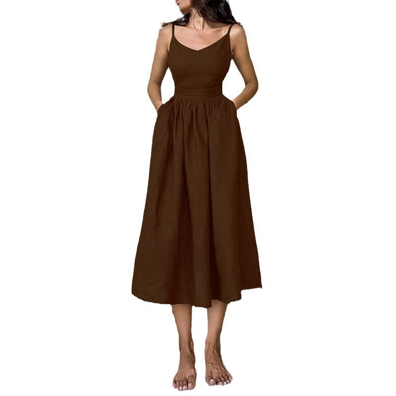 Damen Leinenkleid Lang V-Ausschnitt Tailliert Beige