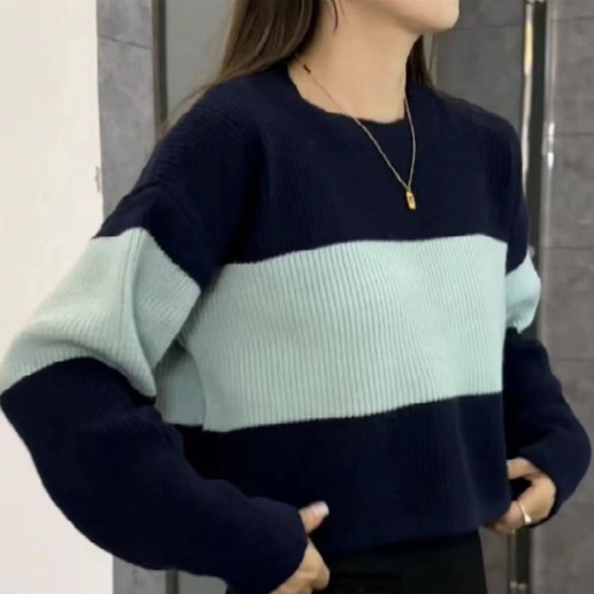 Damen Pullover Grobstrick Farbblockdesign Norvielle