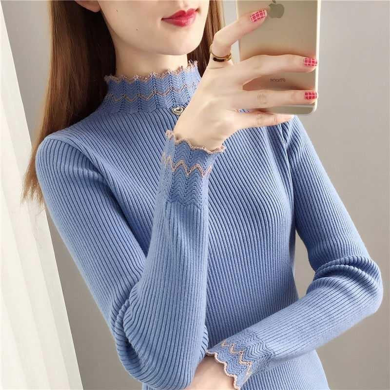 Damen Strickpullover Stehkragen Wellenmuster