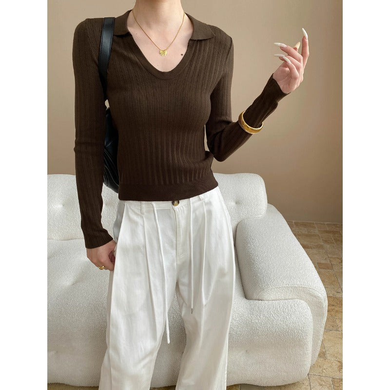 Damen Rippstrickpullover V-Ausschnitt Lang Norvielle