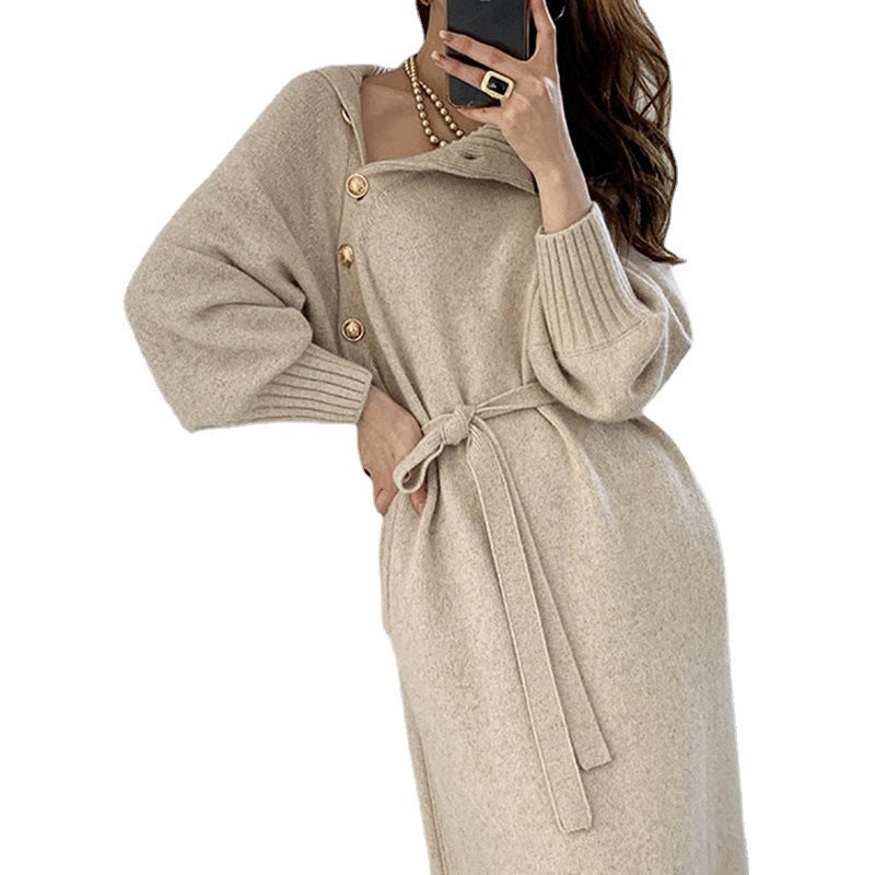 Damen Strickkleid Hochkragen Dekorative Knöpfe Norvielle