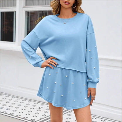 Damen Sweatkleid Grübchen Perlen-Applikationen