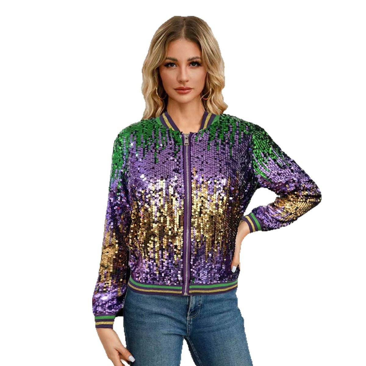 Damen Glitzer-Bomberjacke Pailletten Sportlich